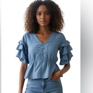 Step in Style Women Chambray Denim Shirt Puff Sleeve Size:Medium